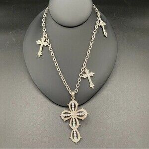 Gothic Multi-Cross Silver Tone Necklace 23in
